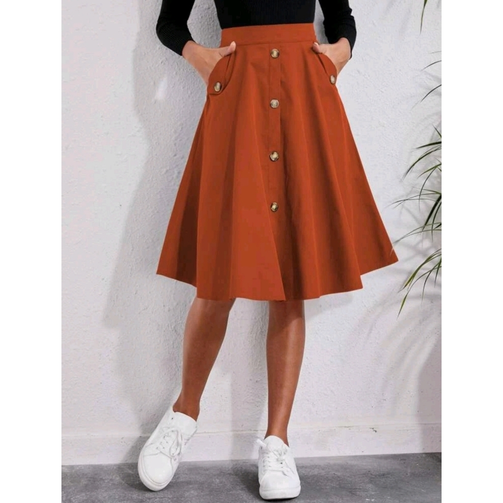 Solid With Pockets Single Breasted Flare Skirt - image 1